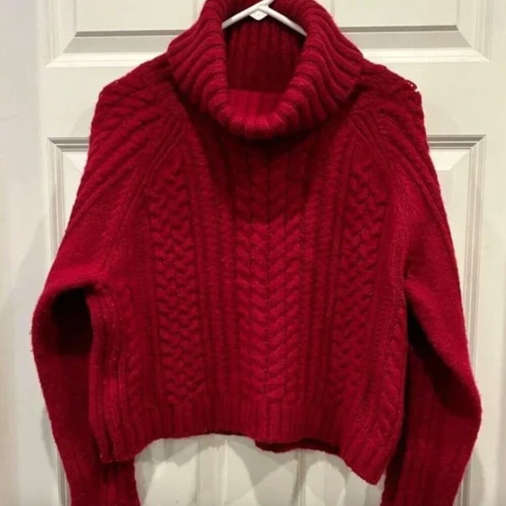 Wool 🍒 Cherry Red Alice & Olivia Cable Knit Cropped Sweater Scarlet Rose
